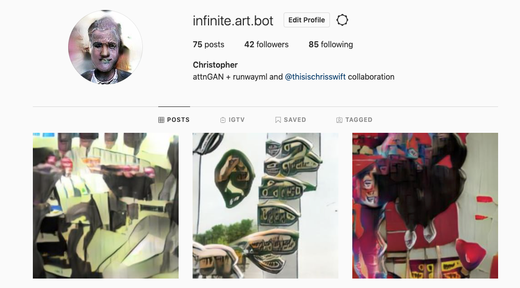 screen shot of instagram.com/infinite.art.botInfinite Art Bot, 2021social media postsP5JS, RunwayML, Puppeteer, Node.js